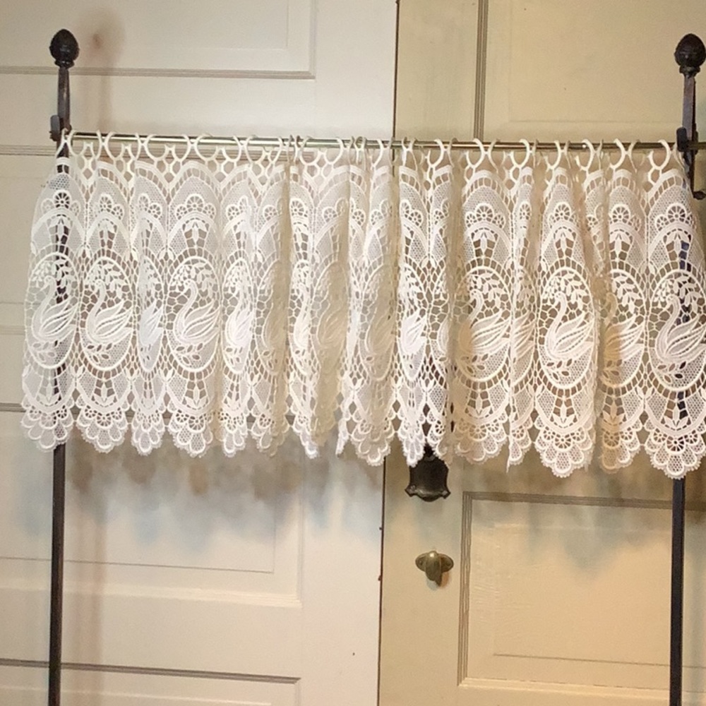 Heavy machine lace swan motif cafe curtains or valance